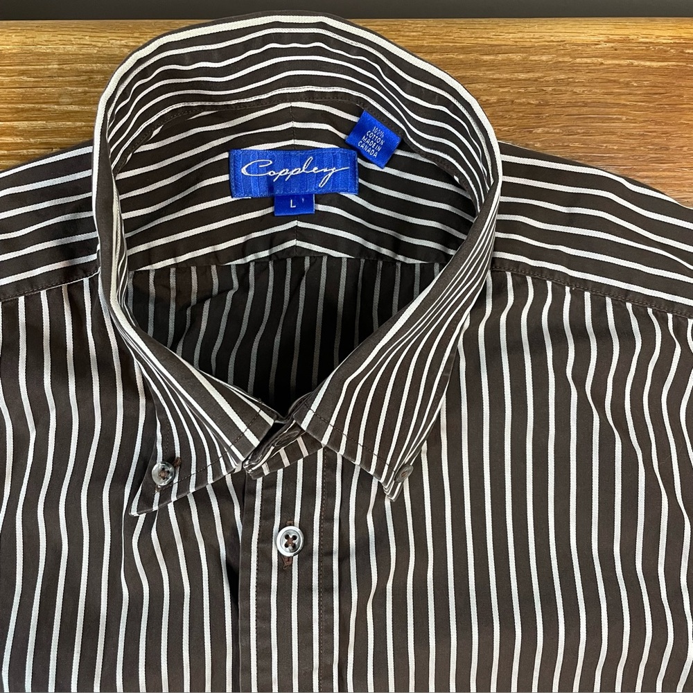 Coppley Dress Shirt Mens Large Brown White Striped Cotton Office Business Preppy